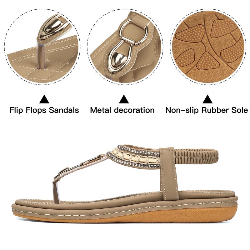 SHIBEVER Dressy Sandals for Women Comfortable: Summer Size 9 Ladies T Strap Flat - Comfort Bohemian Apricot Stylish Women Sandal - Image 3